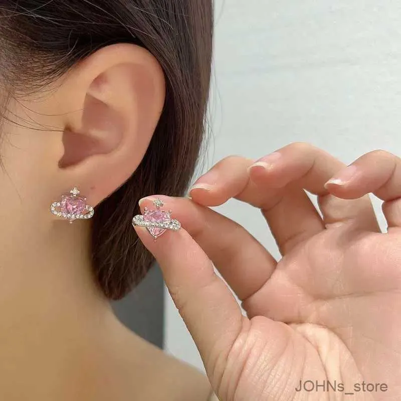 Bengelen kroonluchter prachtige glanzende roze zircon planeet stud oorbellen voor vrouwen meisje Koreaanse zoete kristal ster hart persoonlijkheid oorbellen sieraden