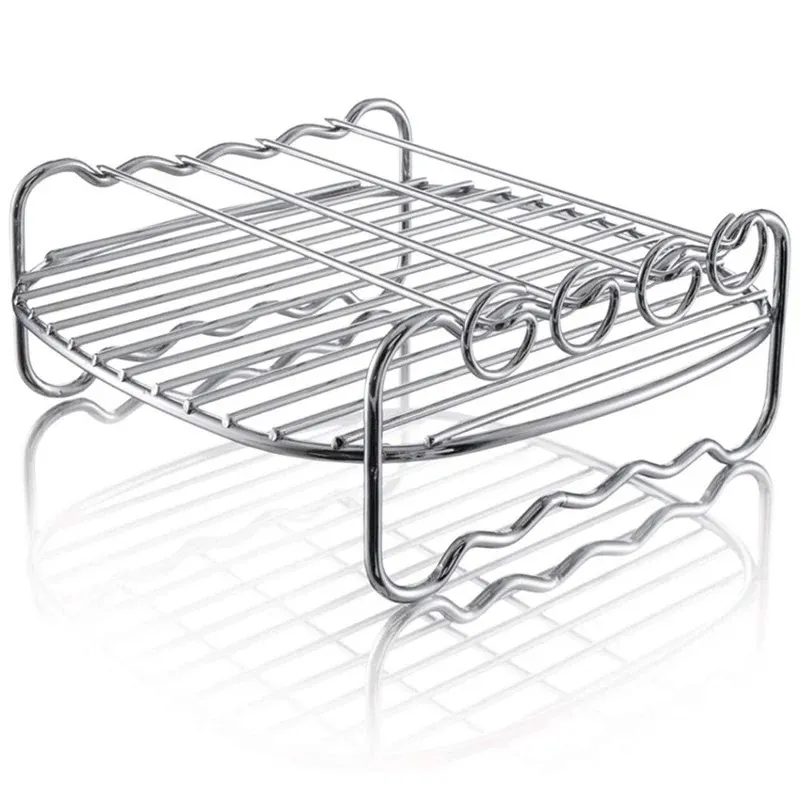 2024 Justdolife 7Inch Air Fryer Rack Set Versatile Grilling Rack Double Layer Rack With Skewers Steaming Drain Oil Holder For Kitchenfor Versatile Grilling Rack