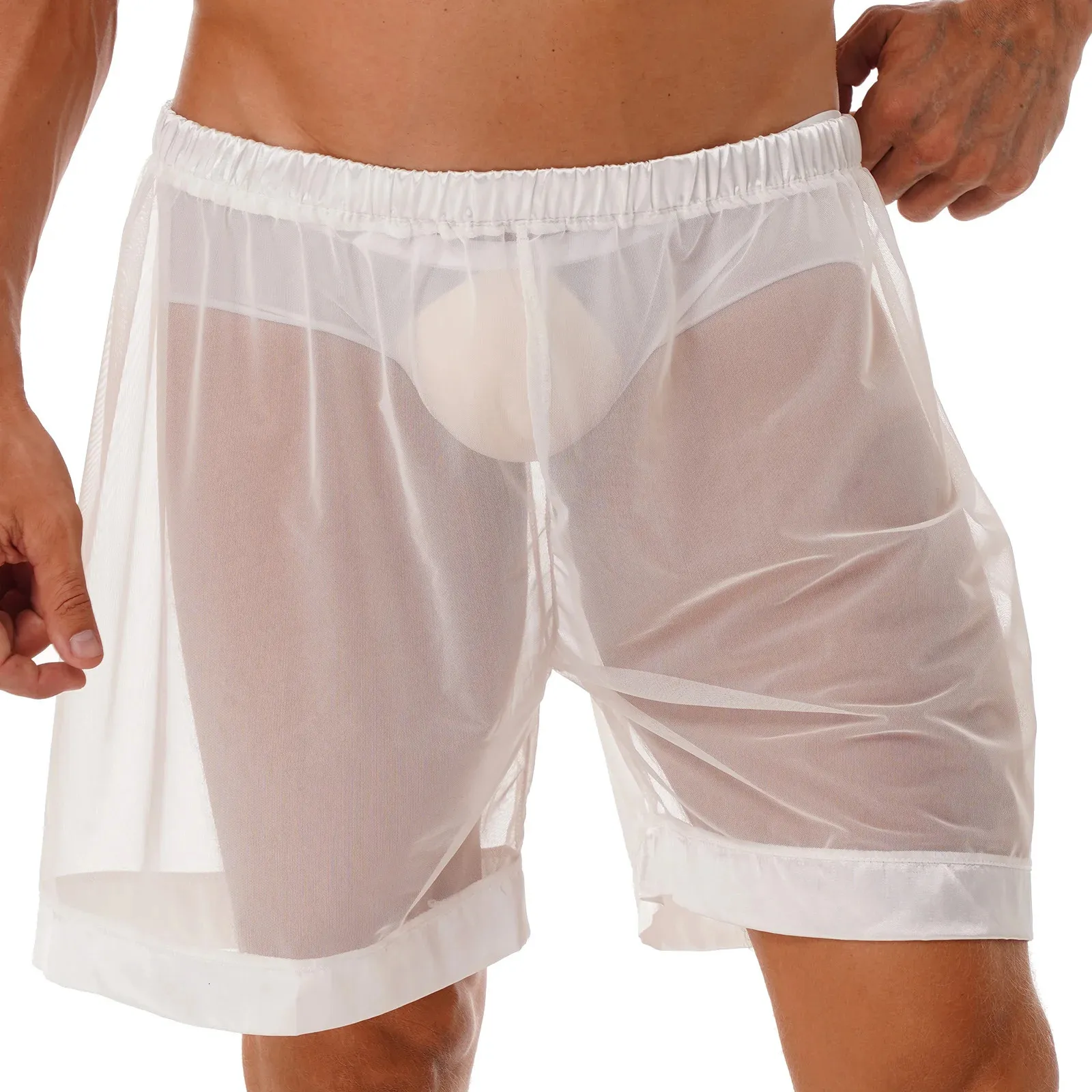 Mens Lingerie Mesh Sheer Loose Fit Boxer Shorts Male Underwear Transparent Swimming Trunks Summer Thin Beachwear 240420