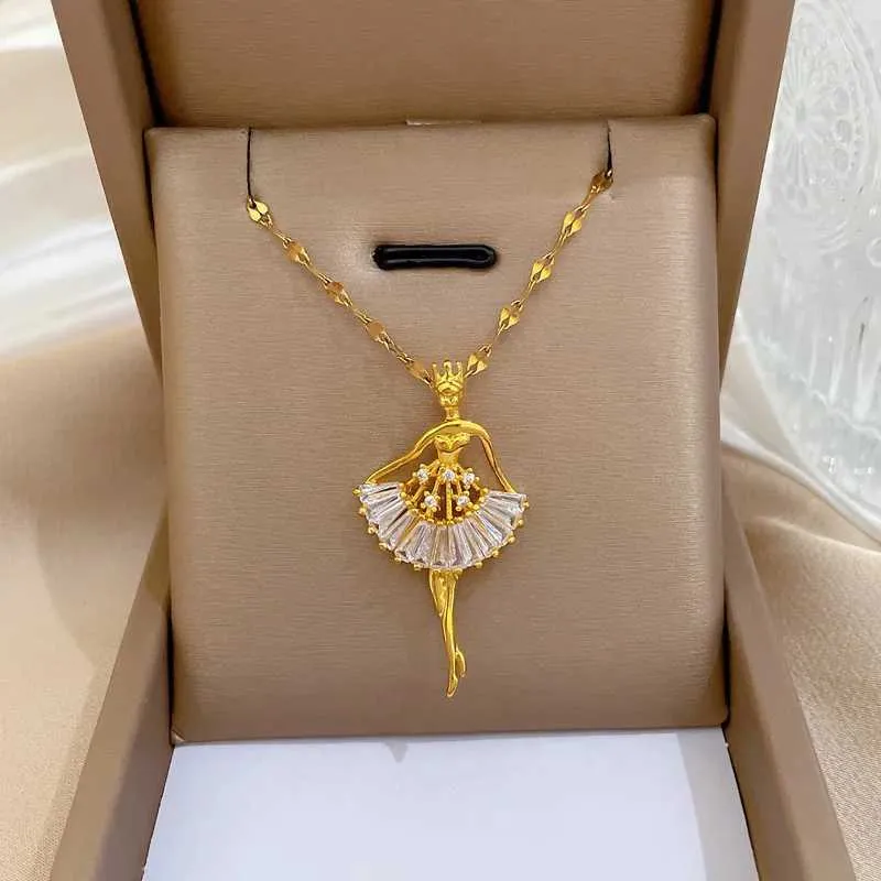 Collares colgantes Nueva bailarina pingente bailarina de ballet CZ collar de baile joyería de acero inoxidable para mujer regalo_voghion.com