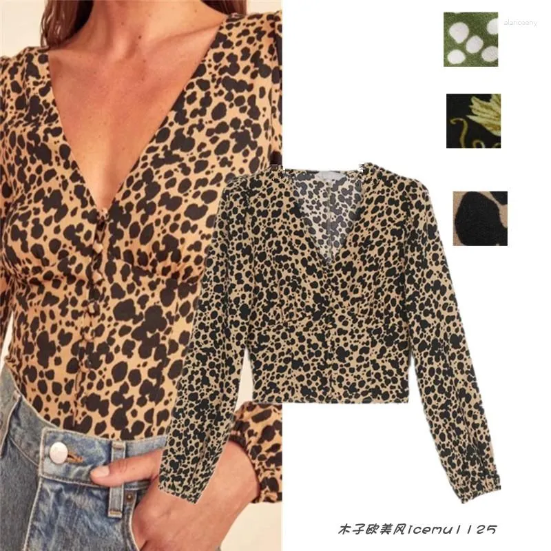 Camicette da donna in stile francese stampa vintage leopardo v del collo a maniche lunghe a petto singolo camicia corta western slim fit all-match top per