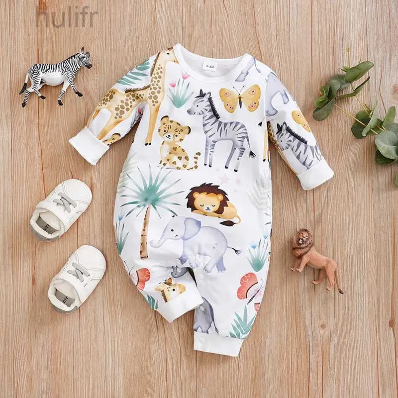 Rompers Spring and Autunno Boys and Girl Girl Cine Cartoon Tropical Animal Tropical Aop Stampa per bambini a maniche lunghe D240425