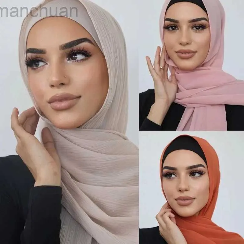 Hijabs Ramadan Crinke Chiffon Hijabs vrouwen gewone moslim sjaal islam vrouw tulband geplooide hoofddoek lange sjaalkop wrap islamitische tulband D240425