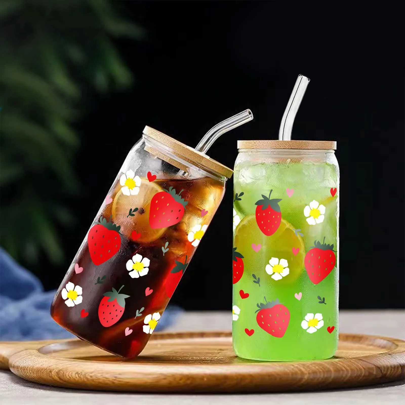 Tumblers 3D Baskı Çilek Çiçekleri16oz Cam Kupa Mason Bambu Kapak Saman Libbey Yaz Kahvesi ile Şişeleri Batarlar H240425