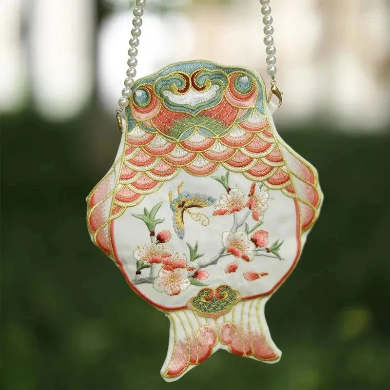 Shopping Bags Goldfish Shaped Hanfu Bag With Double-sided Embroidery Retro Mini Mobile Phone Chinese Stlye Shoulder Pearl Chain