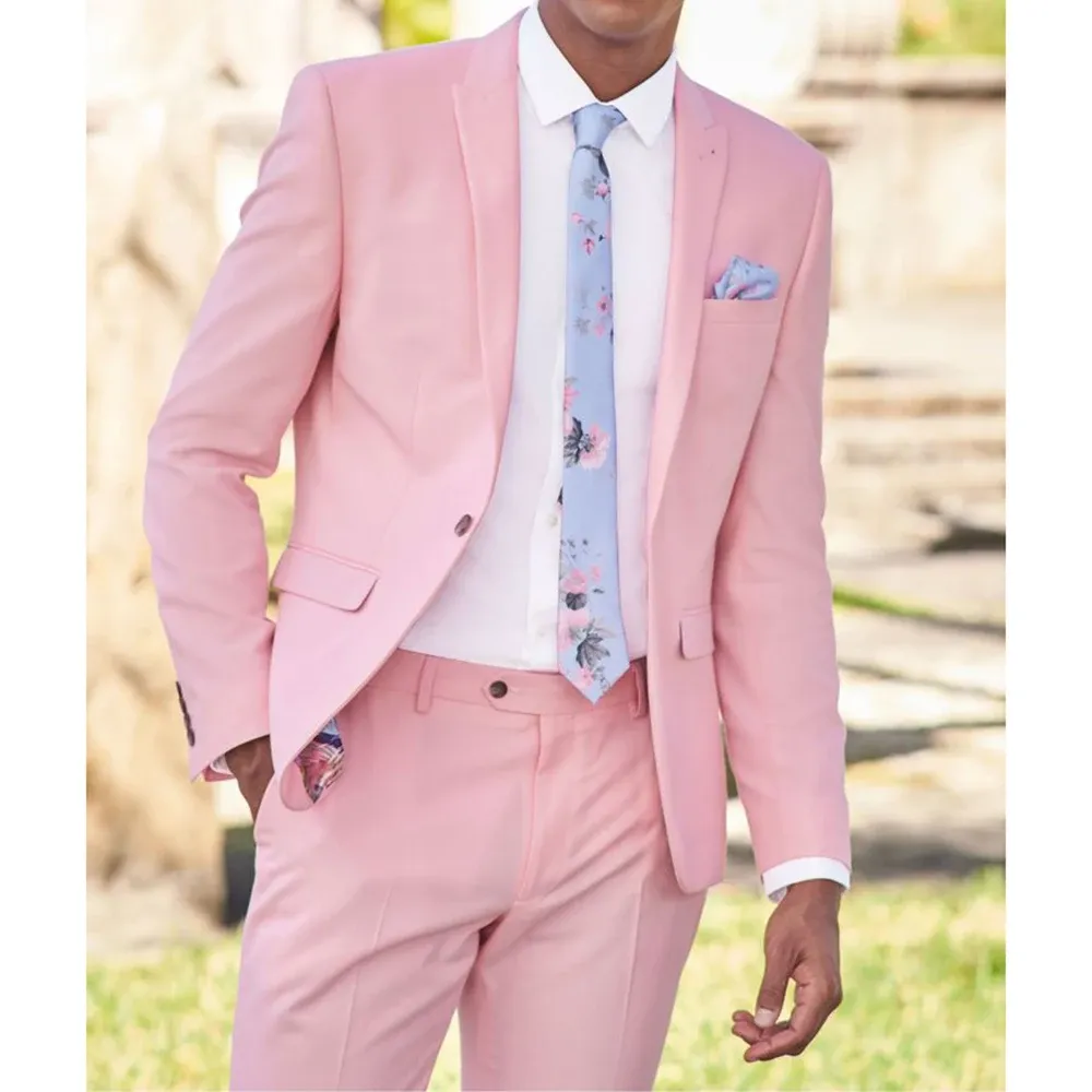 Jackets Summer New Pink Men Suit Fashion Peak Lapel One Button Male Blazer Beach Casual Wedding Groom Tuxedo 2 Piece Jacket Pants 2023