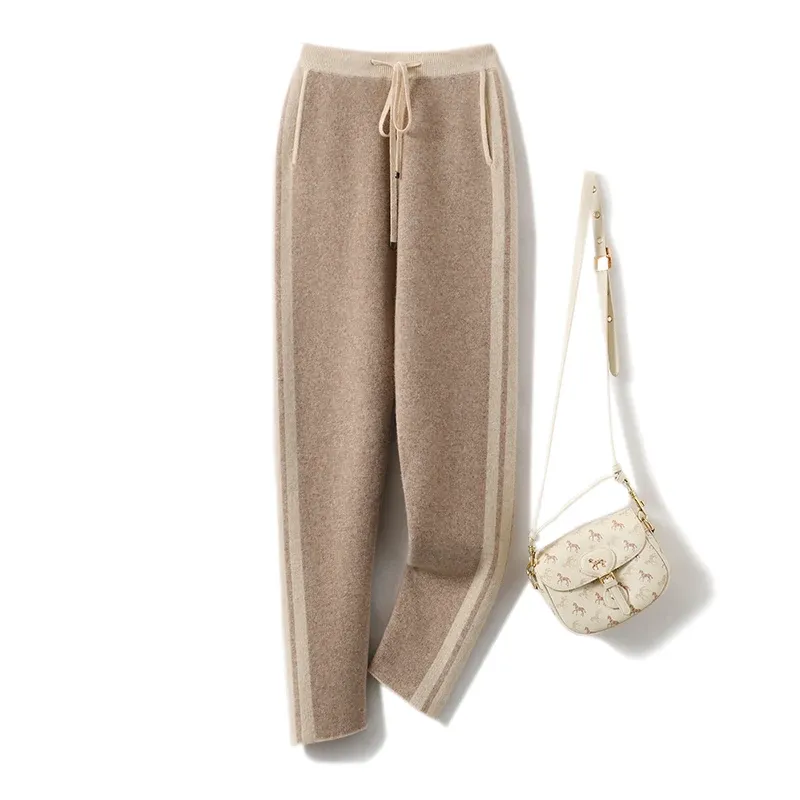 Capris Beliarst 2023 Autumn Winter Thicked Women's High midja små leggings Fashion Color Contrast Sticked Pants 100% Merino Wool