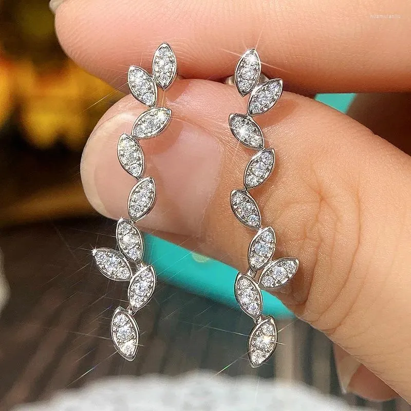 Studörhängen Fashion Leaf Cubic Zircon 925 Silver Needle For Women Shinny Sliver Color Crystal Flower Earring Smyckespresent