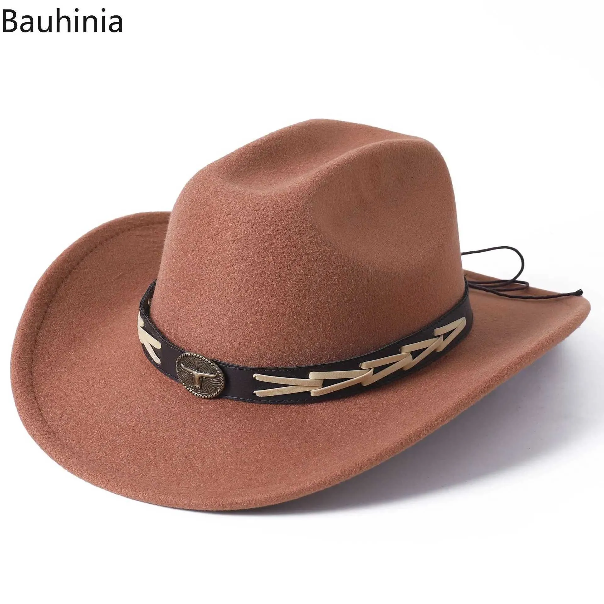 Breda brimhattar hink hattar bauhinia western cowboy hattar för män vintage tjurformade dekor kyrkan jazz hattar gentleman elegant cowgirl hattar y240425