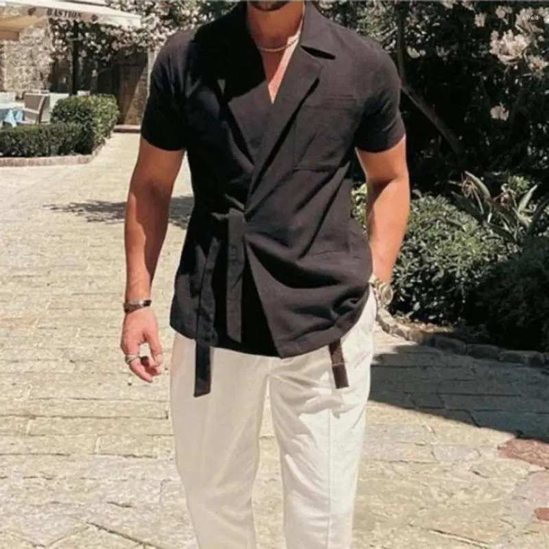 Camicie casual maschile estate a colori solidi maschio a maniche corta cinghia bavaglio cinghia francese elegante gentiluomo in pizzo sciolto su top di cotone
