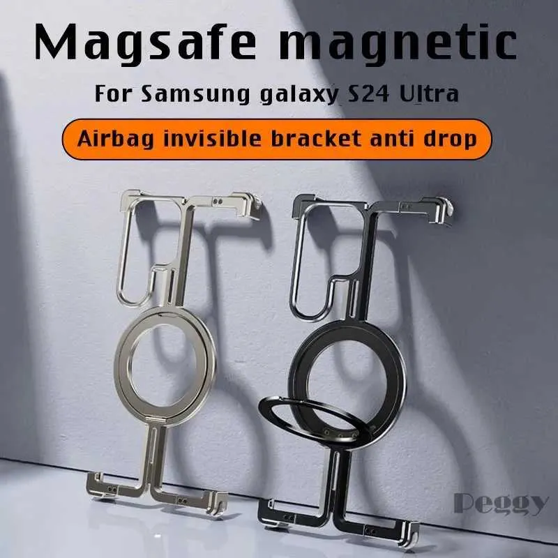 Cell Phone Cases Metal Magnetic Ring Stand Phone Shell For Samsung Galaxy S24 S24Plus Galaxy S24 Ultra Metal Bumper With Finger Ring Holder Cover 240423