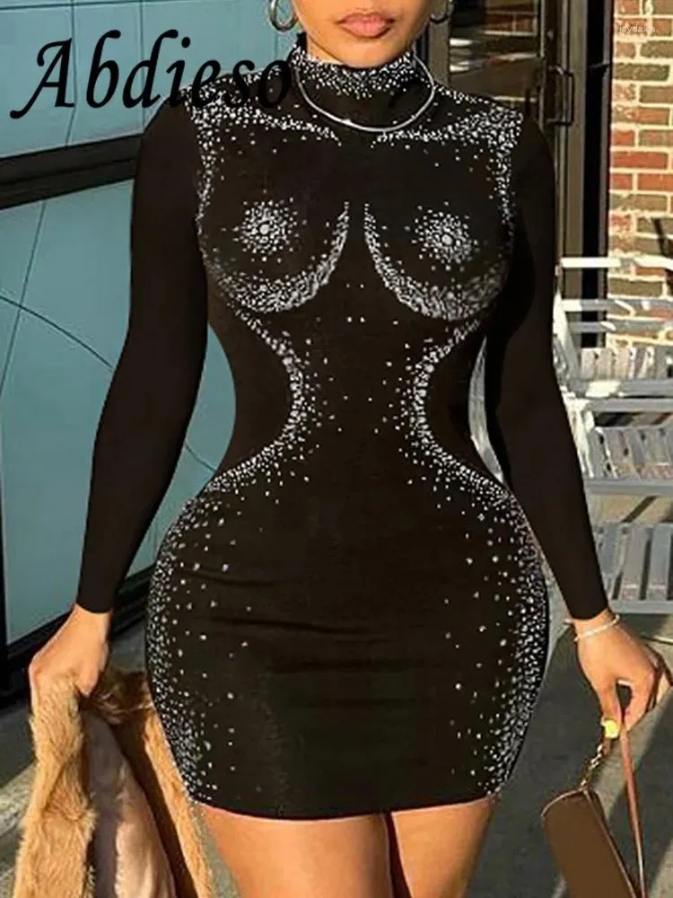 Sukienki zwykłe Abdieso Diamond Print Diament Kobiety Bodycon Sukienka Black Fashion Fashion 2024 Autumn O Neck Sexy Mini Prom Party