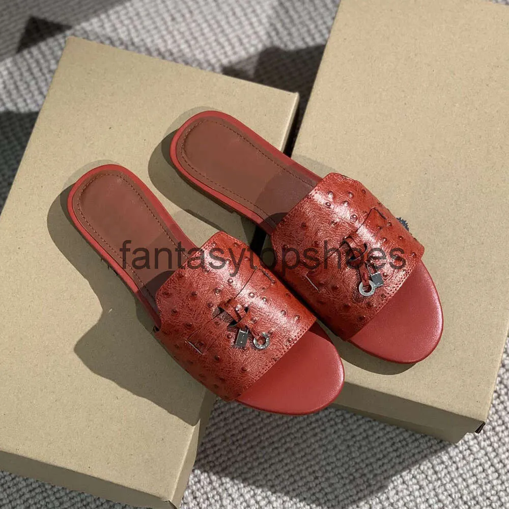 Loro Piano LP ostrich Mules slides Charms slippers Summer sandals Red Genuine leather open toe flat heels womens Luxury Designers Fashion Bottoms Casual shoes with b