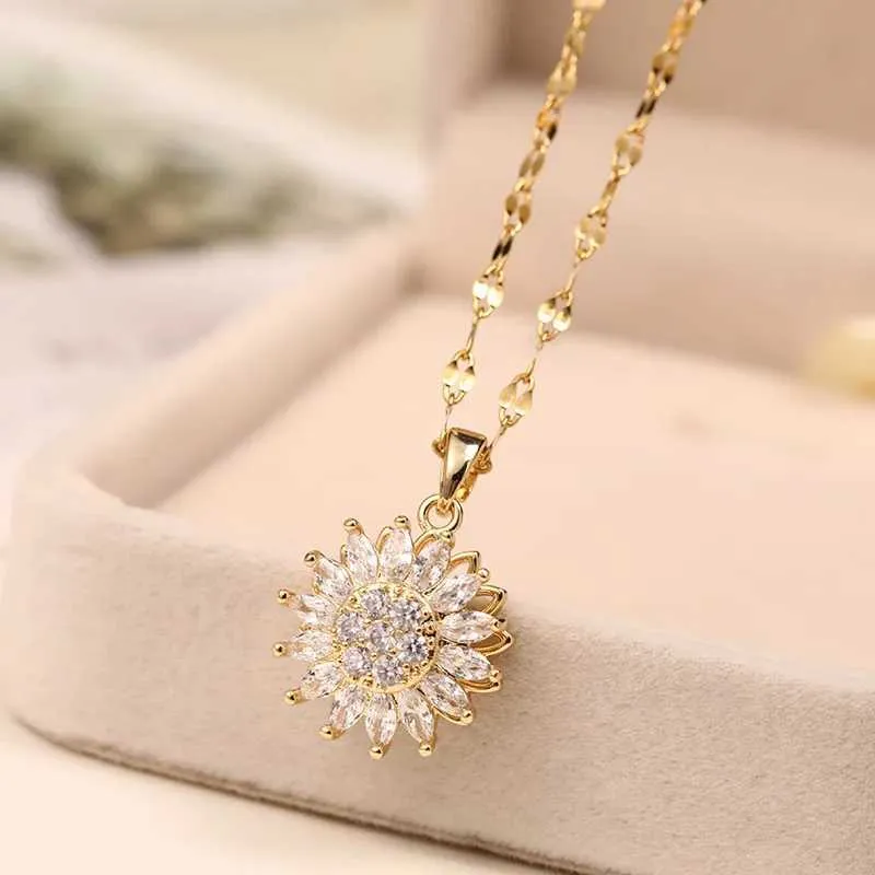 Pendant Double-layer Rotatable Suower Necklaces For Women Chain Choker Stainless Steel Jewelry Accessories Free Shipping_voghion.com
