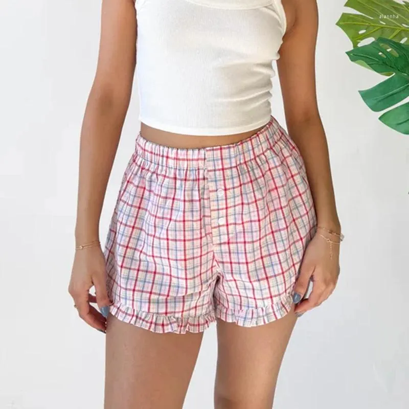 Shorts pour femmes kawaii volants boxer fée fée y2k streetwear rose plaid imprimement pyjama décontracté bouton de fit lâche élastique salon