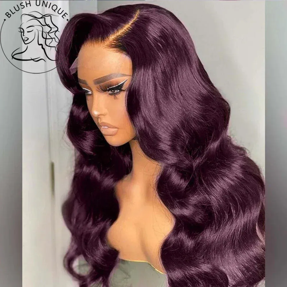 Dark Burgundy Lace Front Wigs Deep Purple Body Wave for Women 13X4 HD Preplucked Synthetic Hair 30Inch 240408