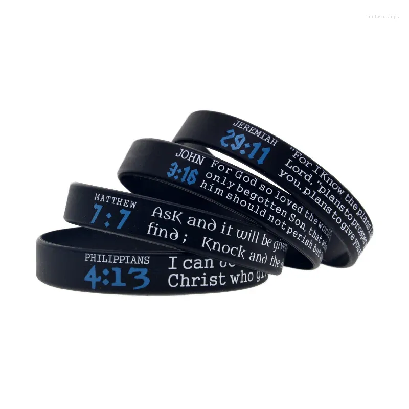 Urok Bracelets 50 PCS Jeremiah 29:11 Jan 3:16 Filipianie 4:13 Mateusza 7: 7 Silikonowa opaska na rękę Bransoletę Jezus Bransoletę drukowana