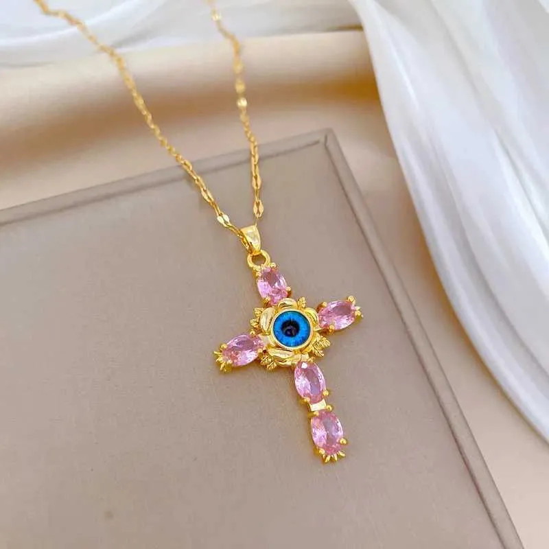 Collares colgantes de moda con cruz de ojo de diablo, collar ligero y femenino, hermoso, cadena de clavícula versátil_voghion.com