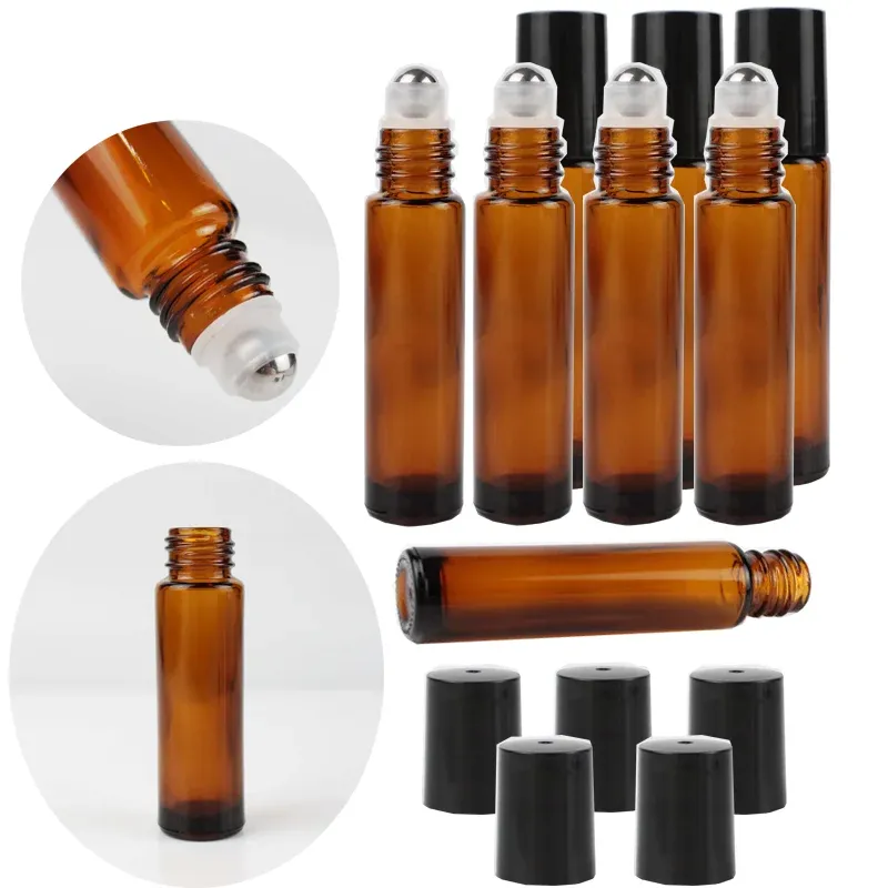 Bouteilles 12pcs 10 ml de verre ambre rouleau sur bouteille avec balle en acier inoxydable pour huiles essentielles