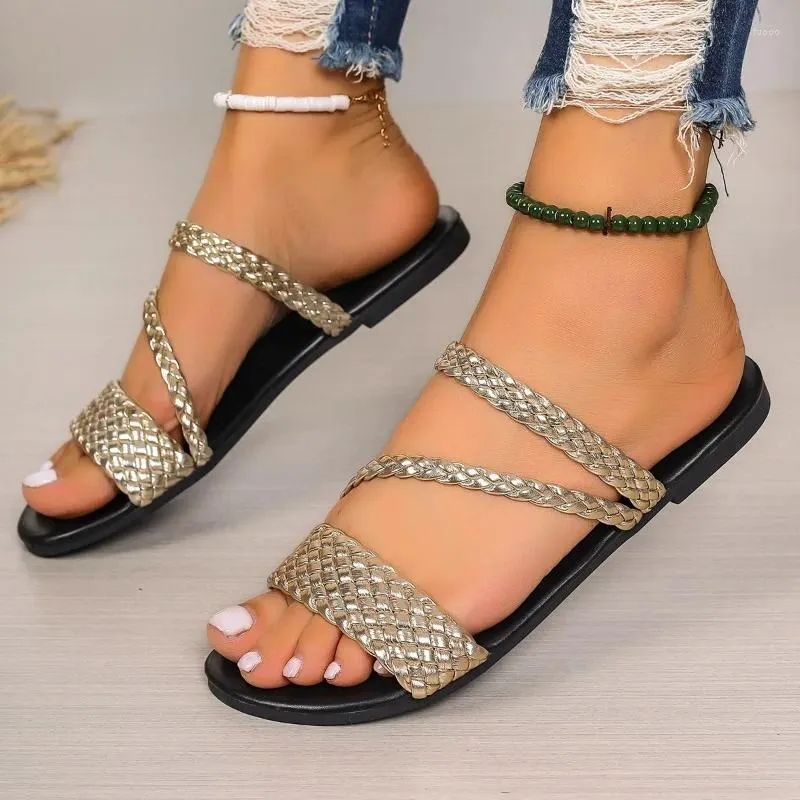 Casual Shoes 2024 Summer Sandals for Women Flat Sandal Sparkle Rhinestone Slide Trendy Women's Sparkly Slip on Bling