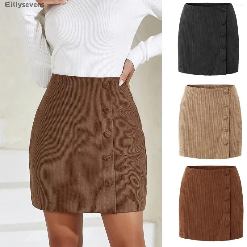 Kjolar kvinnors höftbeläggande kjol corduroy fasta färgknappar spänne sexig klänning hög midja slim fit affär casual vestidos