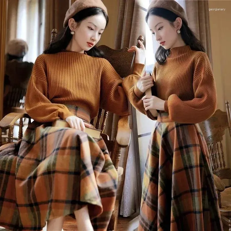 Skirts Vintage Two Piece Set Women Knitting Korean Elegant Conjunto Femenino Solid Sweater Plaid Long Skirt Autumn WinterClothing M26