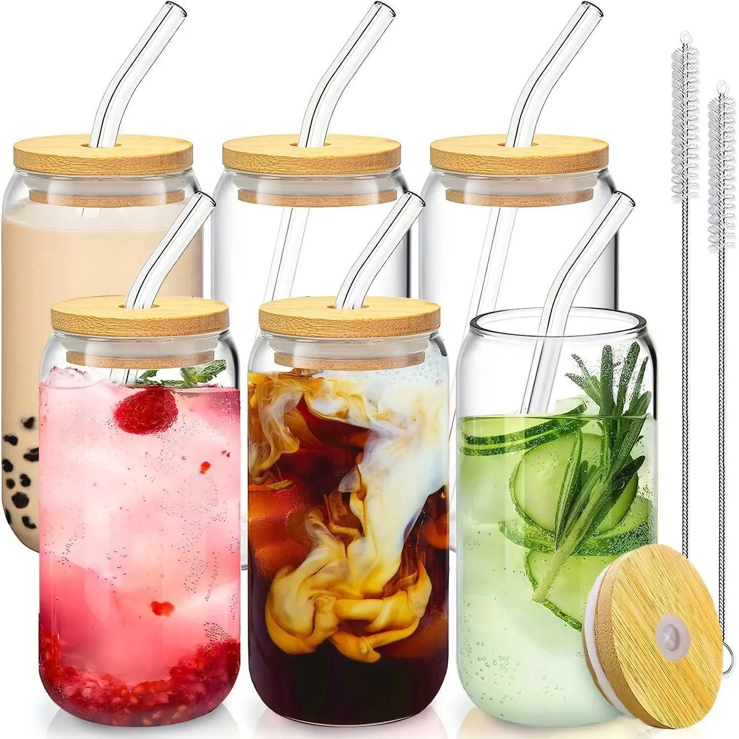 Tumblers 1-6pcs/Set High Borosilicate Glass Cup With Wooden Lid And Straw Juice Beer Can Transparent Drinkware H240425