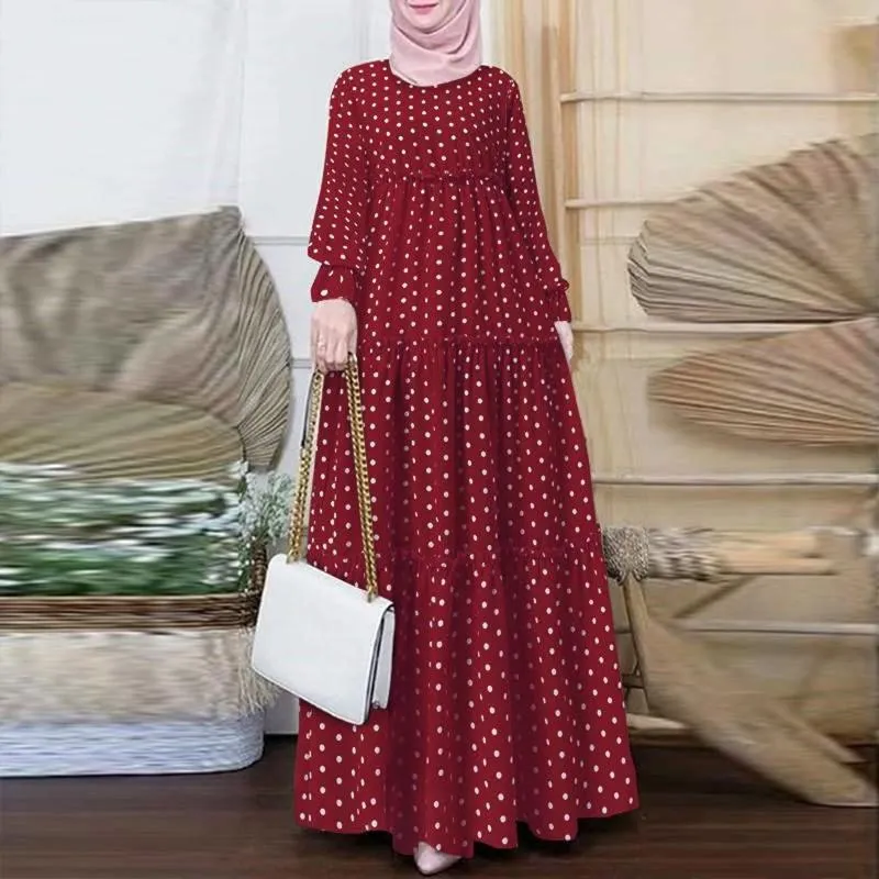 女性のためのエスニック服ヒジャーブ服デザインボヘミアンポルカドットプリントイスラム教徒ドレス長袖イスラムの祈り