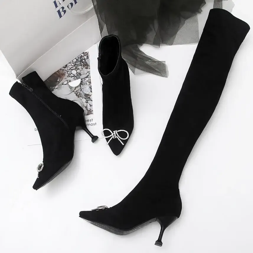 Bottes Designer Crystal Bowtie CHIGH BOOTS BOOTS FEMMES Long Stretch Slim Sock Boot High Heels Chaussures Femme Over the Knee Winter Bota S362