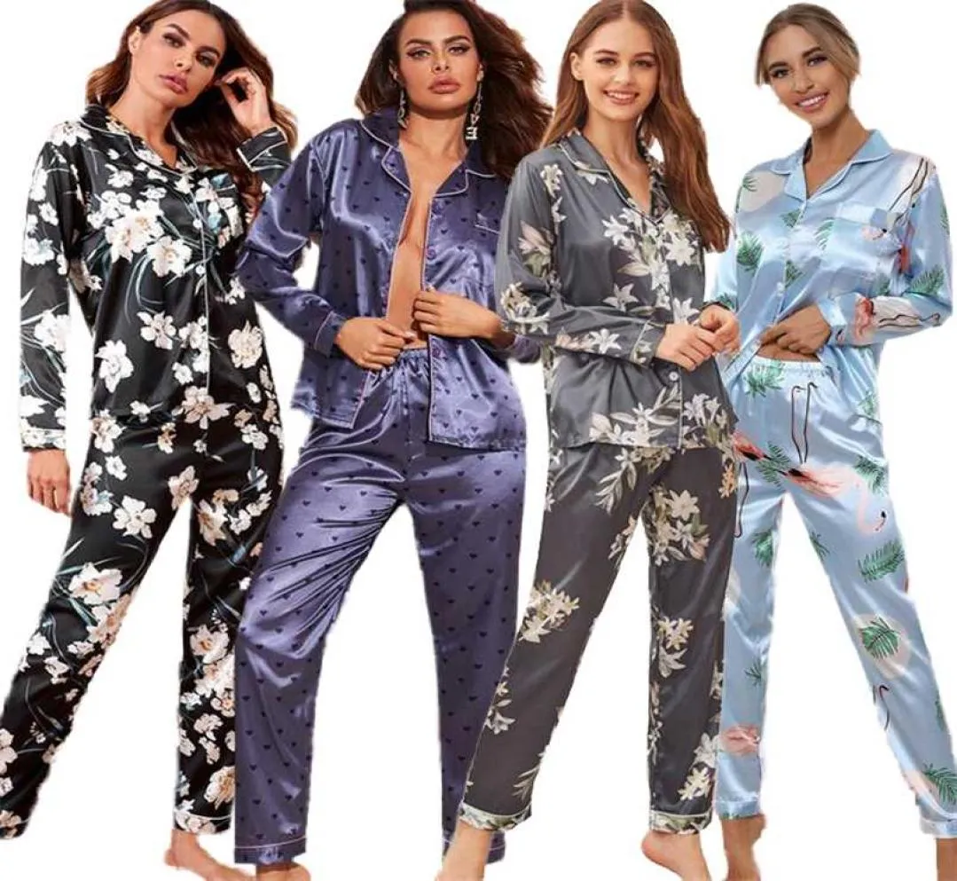 Automne Winter Femmes Silk Satin Pyjamas Ensemble dames à manches longues Top Top Tableau Bottoms Pyjama Vêtements de nuit PJ S 2111185681048