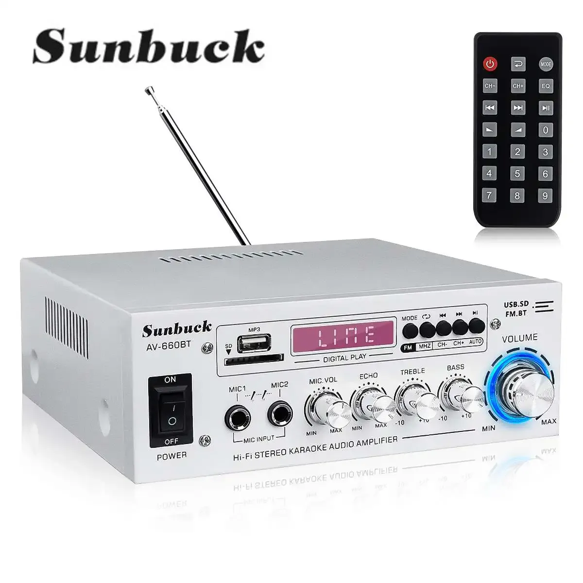 Verstärker Sunbuck AV -Stromverstärker 2.0 Kanal Audio -Heimkino -Verstärker DC 12V 110V/220V Support EQ FM SD USB 2 MIC 5.0 Bluetooth