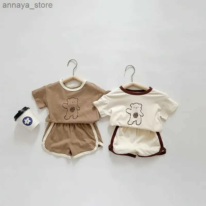 티셔츠 풀 프린트 작은 곰 티 +반바지 소년과 여자 귀여운 면화 승무원 목 목자 목구멍 홈 옷 2pcs suitsl2404