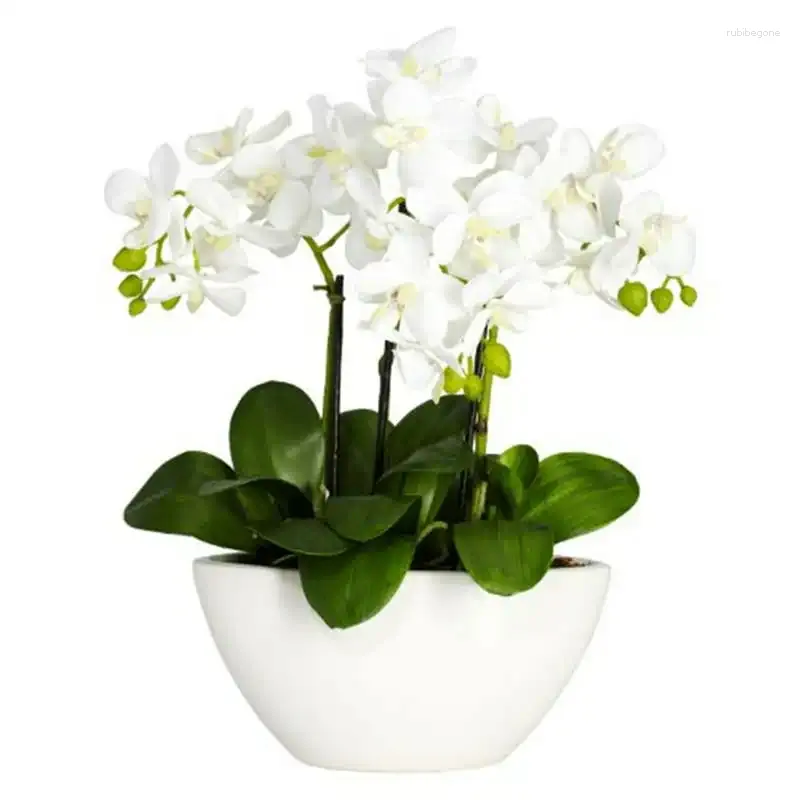 Decorative Flowers In. Phalaenopsis Orchid Artificial Arrangement In White Vase