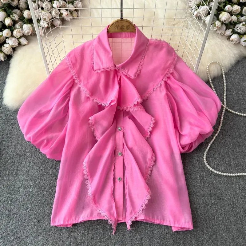 Women's Blouses Gagarich 2024 Summer Design Feeling Sweet Elegant Lace Spliced Ruffle Edge Bubble Sleeve Shirt Women Top