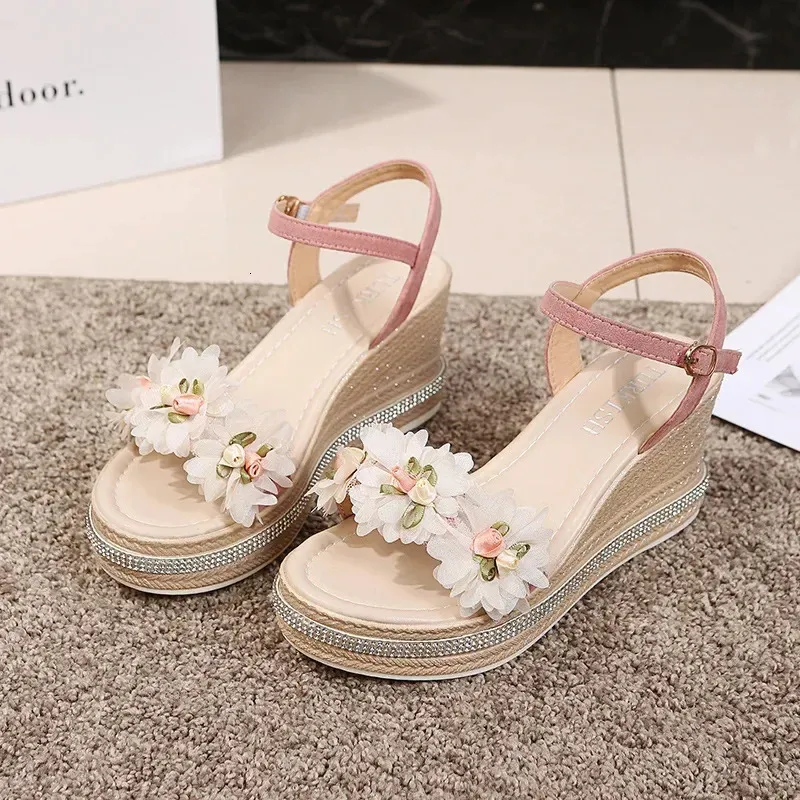 Female Ankle Strap Buckle Rhinestone Crystal Sandals Summer Women Round Toe High Heels Fashion Ladies Wedges Shoes Gold 240425