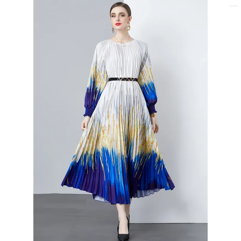 Casual klänningar mode långärmad veckad klänningskvalitet 5,5 m överdimensionerad orgel runda halshalslantern vestidos elegantes para mujer