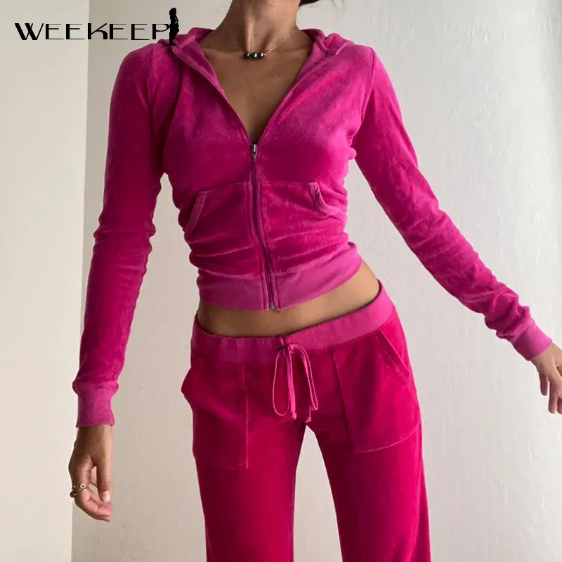 Sweatshirts Weekeek Neue gekrupfte Jacken rosa Samt Frauen Langarm Sweatshirt mit Reißverschluss Herbst Solid Kawaii Hoodies Streetwear Cardigan