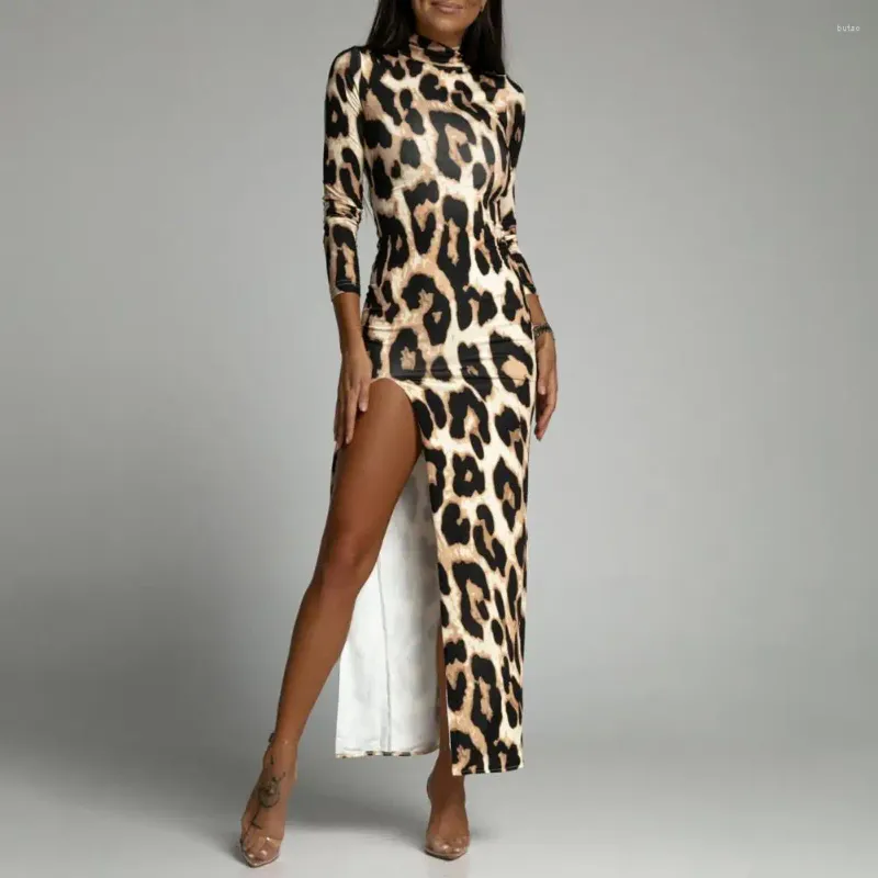 Abiti casual Donne Turtleneck High Split Long Dress Long Maniche Autunno Leopard Slip Slim Mencil Party Banquet Evening