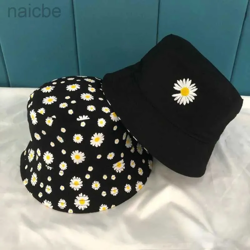 Caps Hats Korean Daisy Stickerei Eimer Hats Reversible Beach Panama Bob Caps Sommer doppelseitiger Baumwollsonne Fischerhut für Frauen Männer D240425