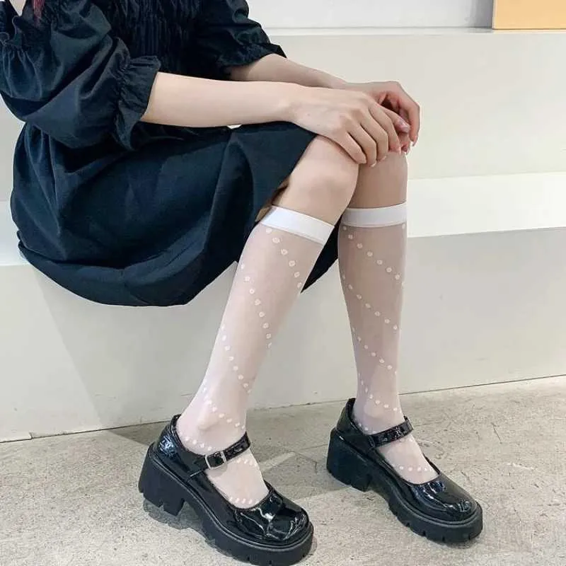 Sexy Socks Spring i Twill JK Girl Lolita Dot Mid-Calf Socks White Generate Color Black Silk Stockings Summer