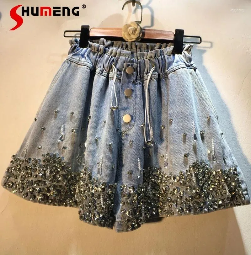 Damen Jeans Strass-Denim Shorts Frau Sommer tragen schwere Industrie Quasten Perlen-Diamant-Einbetten hohe Taille Weitbein Jean