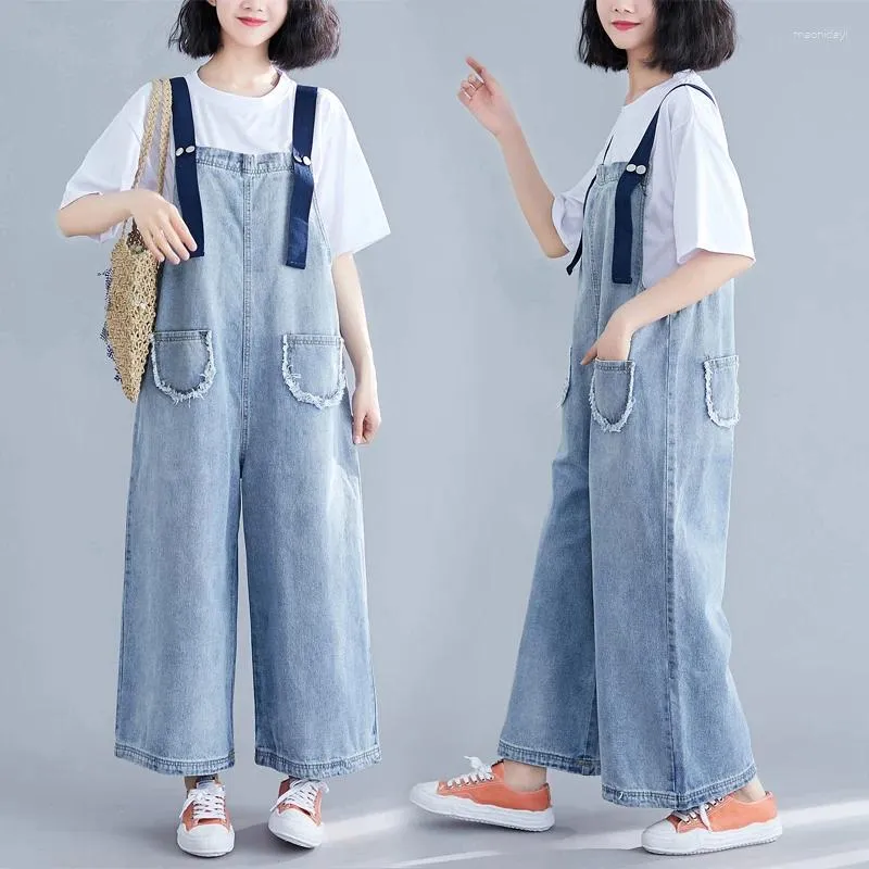 Dames jeans denim riembroek slabib jump suit volledige lengte voor vrouwen contrast overalls rompers retro big pocket los casual groot formaat