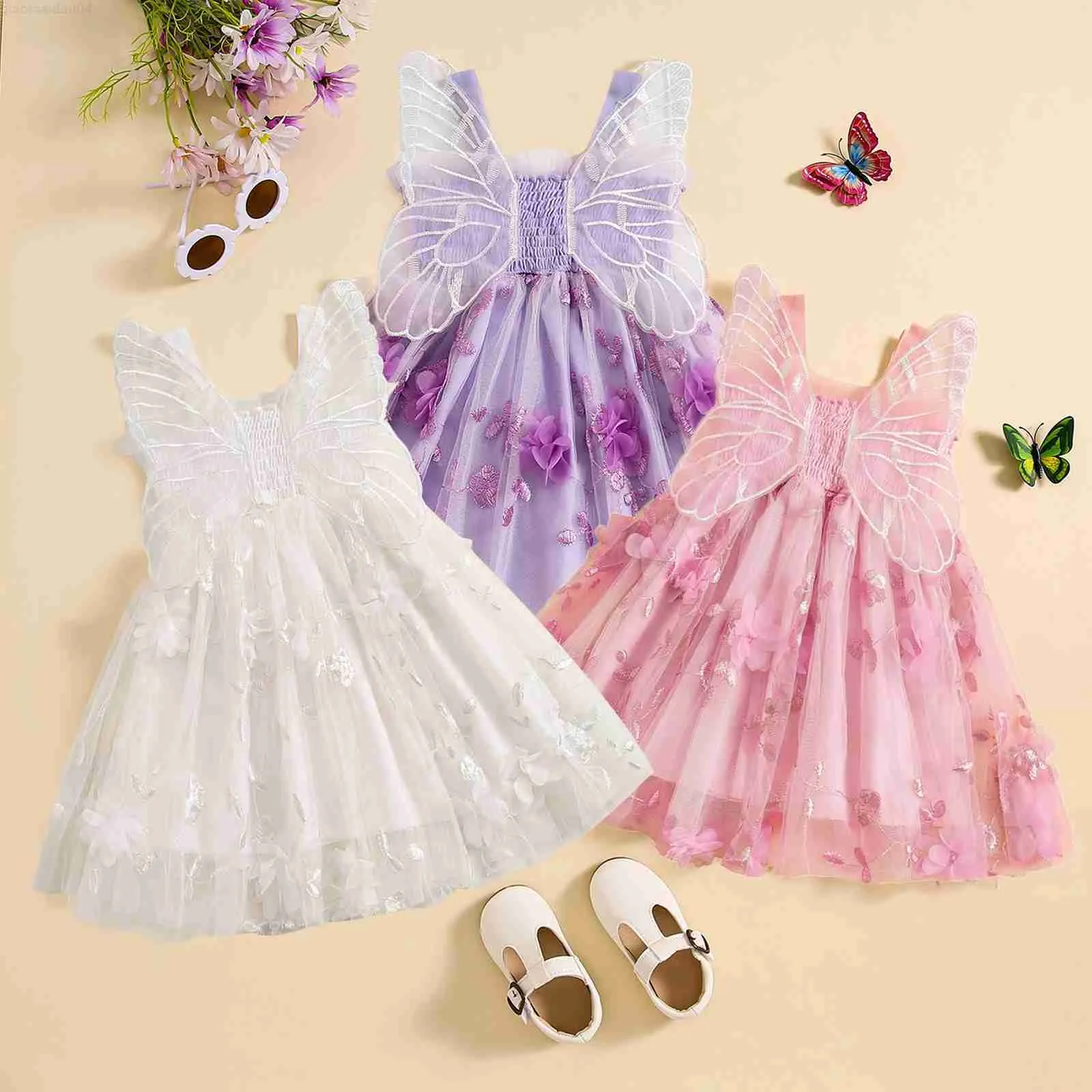 Girl's Dresses Kid Clothes Girls Sleeveless Dress Summer 3D Flowers Butterfly Wing Tulle A-Line Dress for Beach Party Cute Childrens ClothingL2404