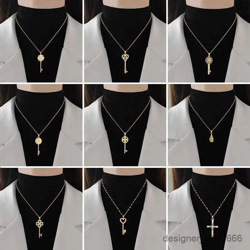 Collane con ciondolo in acciaio inossidabile, dolce cuore, chiave, stella, corona, cristallo, zircone, collana a catena girocollo per donna_voghion.com