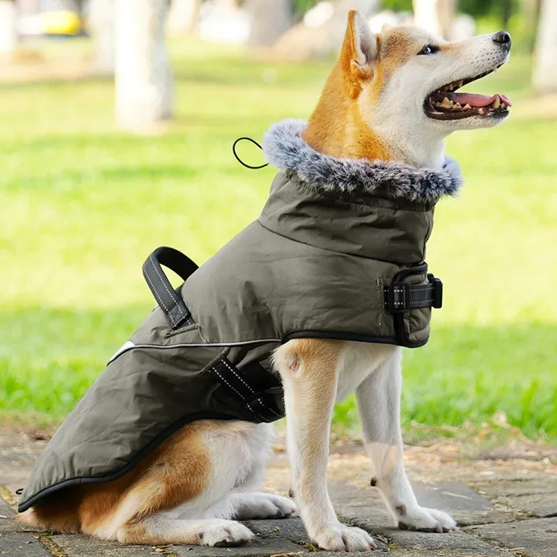 Jaquetas casaco de cachorro quente anel de arnês refletivo cão jaqueta de inverno com colarinho de pêlo de pêlo de pêlo de pêlo de cão de lã de lã de neve, roupa de estimação frio