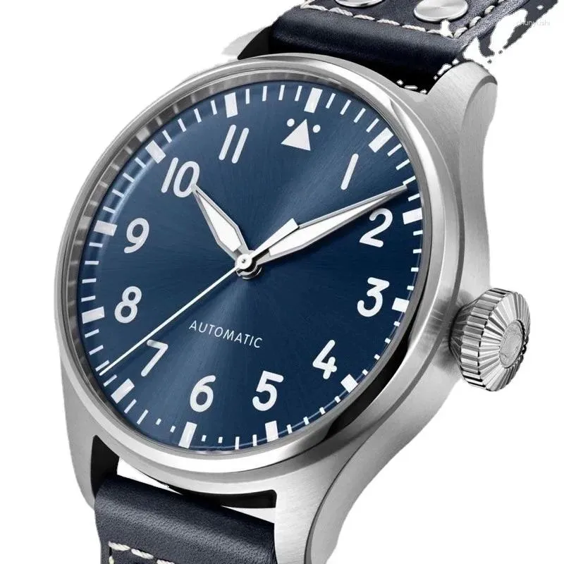 Armbandsur Luxury Mens Mechanical Watch Big Pilots Automatic Blue Leather Reloj Hombre