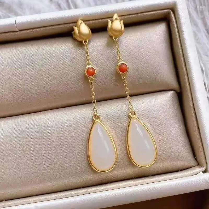 Dangle Earrings Inlaid With Natural An White Jade Drop Shaped Long Retro Court Style Flowers Fresh Charm Women's Brand Jewelry
