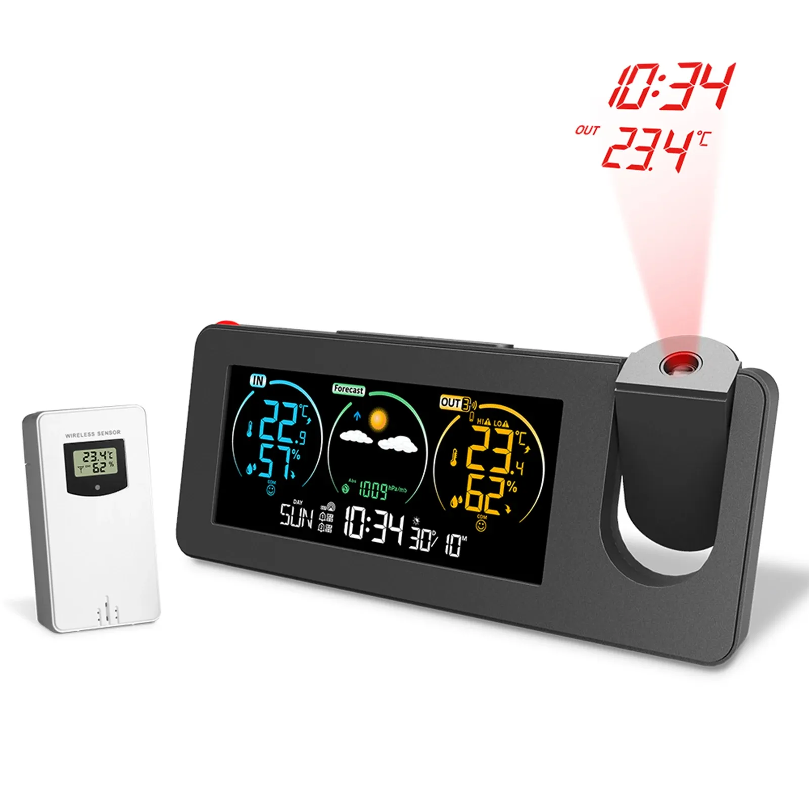 Clocks FJ3538 Electronic Projection Clock Weather Station Weather Forecast Temperature and Humidity Color Screen Digital Alarm Clock