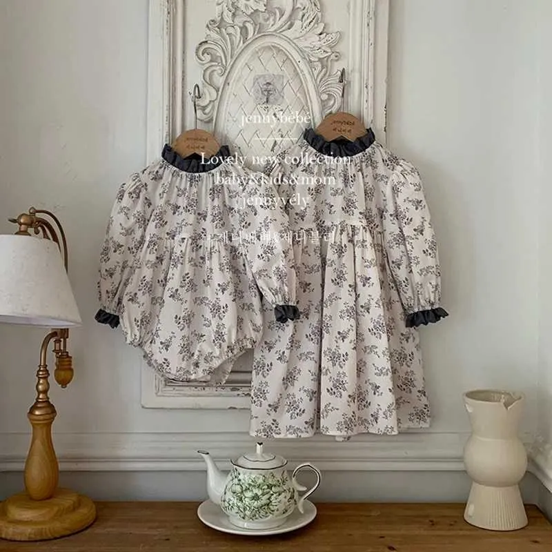 Rompers syster matchande outfit vintage blommig baby flicka spets krage romper storesyster klänning semester barn strand vestidos barn kläder h240425