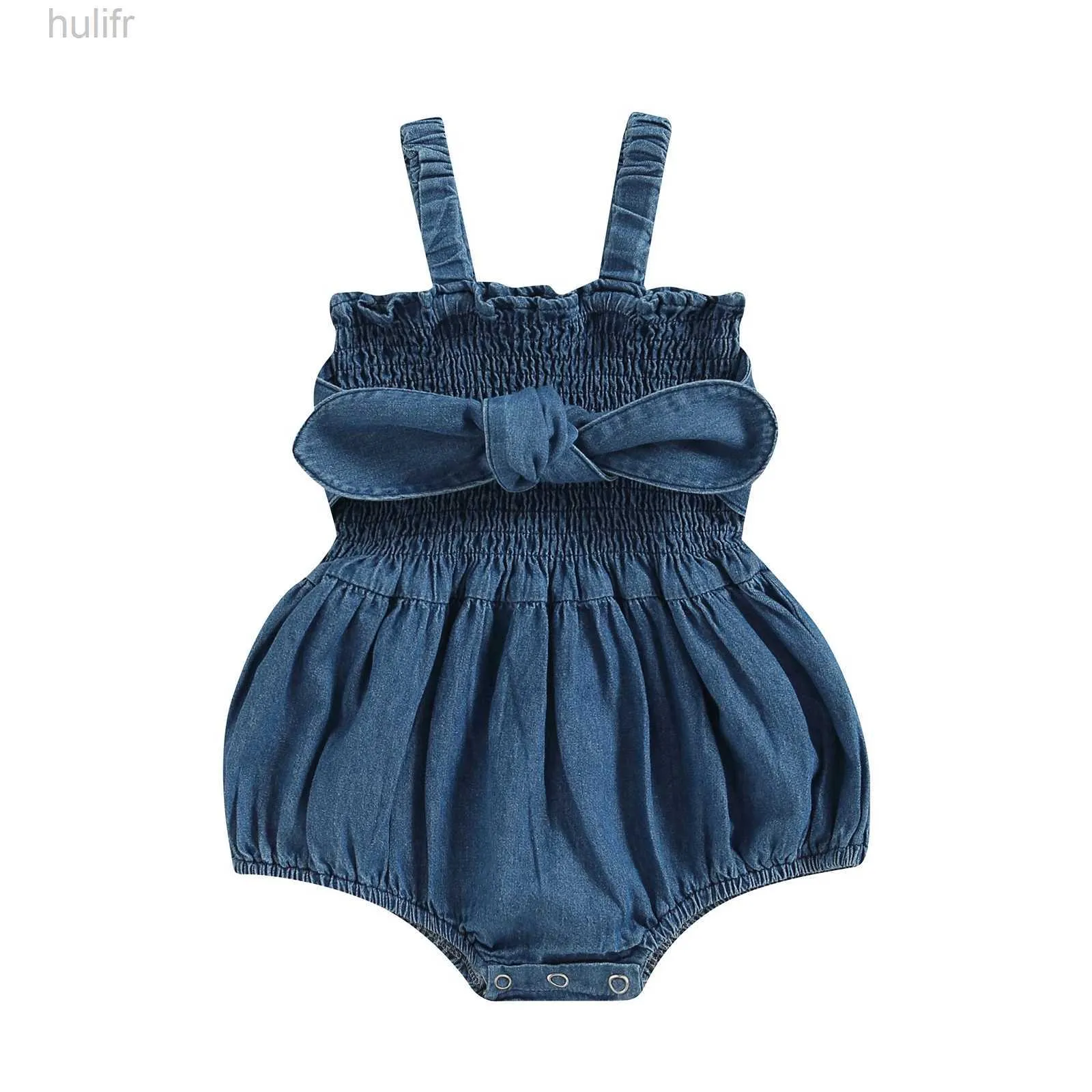 Rompers Pudcoco Infant Baby Girls Denim Romper Solid Color Bowknot Ruched Seveless Sling Bodysuits夏の新生児の赤ちゃんPlayusit